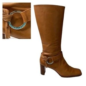 Antonio Melani Leather Square Toe Stacked Heel Boots Turquoise Bead Knee High